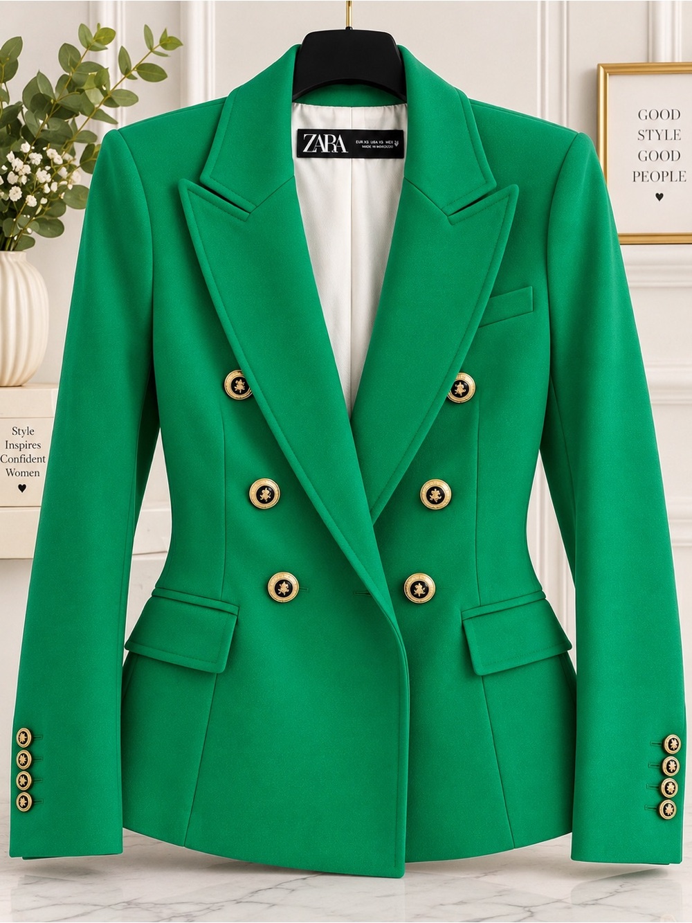 ZARA Green Double Breasted Blazer Gold Buttons XS